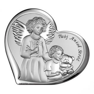 Pamiątka Chrztu Świętego OBRAZEK srebrny Anioł Stróż 9,6x11 cm