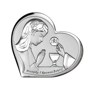 Pamiątka Pierwszej Komunii Świętej OBRAZEK srebrne serce z dziewczynką 11x9,6 cm