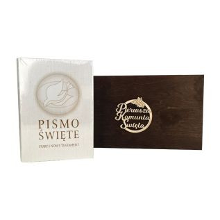 Pamiątka Pierwszej Komunii Świętej - pudełko prezentowe z Pismem Świętym (skrzynka bejcowana)