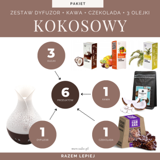 Zestaw Kokosowy Prezent: Dyfuzor + Kawa kokosowa + Czekolada + 3 olejki zapachowe do dyfuzora