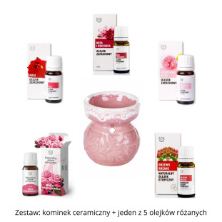 Zestaw kominek ceramiczny z olejkiem różanym do wyboru