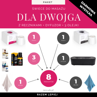 Zestaw do masażu dla dwojga (świeca dla niej + świeca dla niego + 2 ręczniki + dyfuzor + 3 olejki)